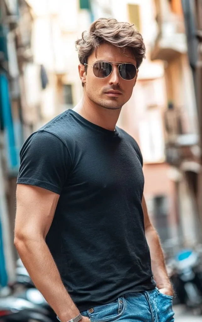 handsome guy with black t-shirt and sunglasses