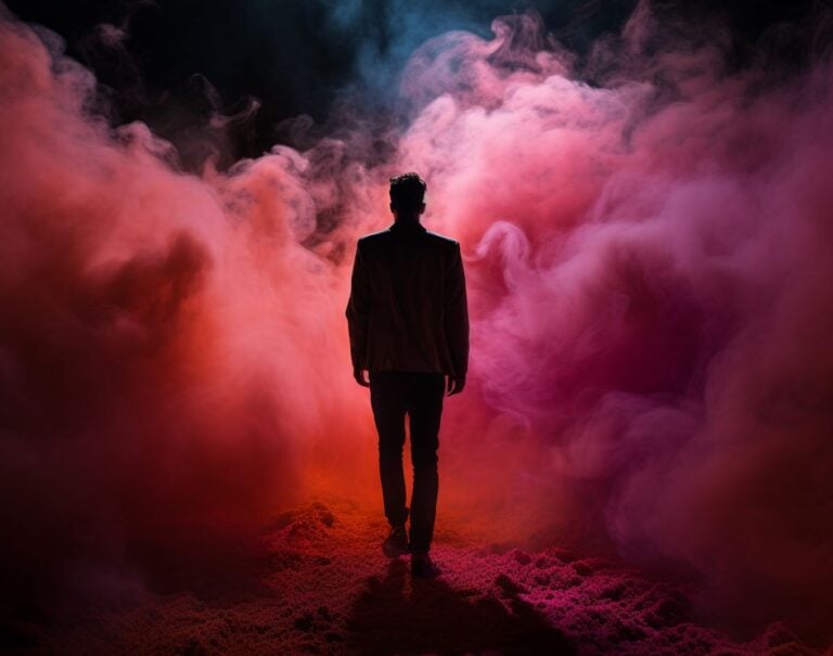 man walking away and disappearing in the dark surrounded by pink smoke