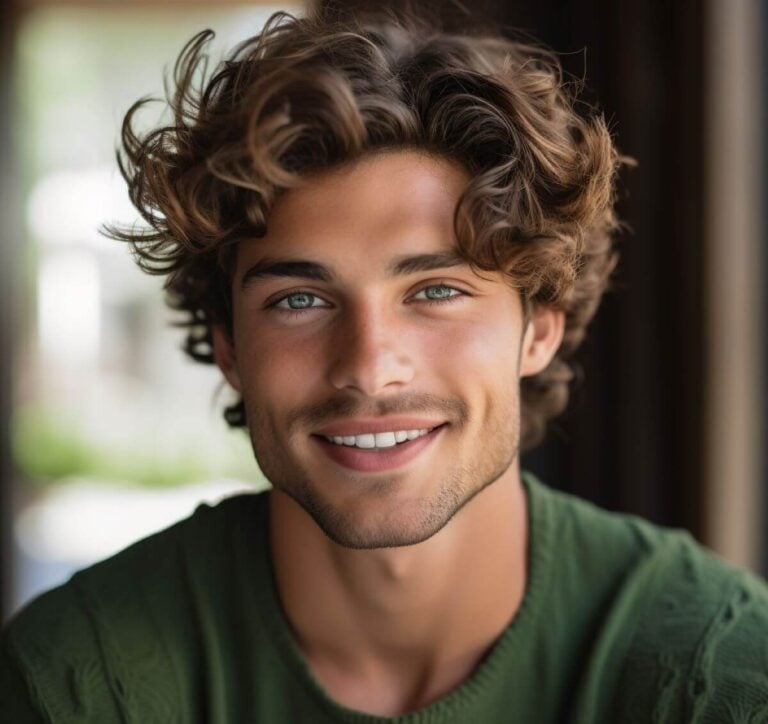 handsome guy with dark blonde hair and green eyes smiling genuinely