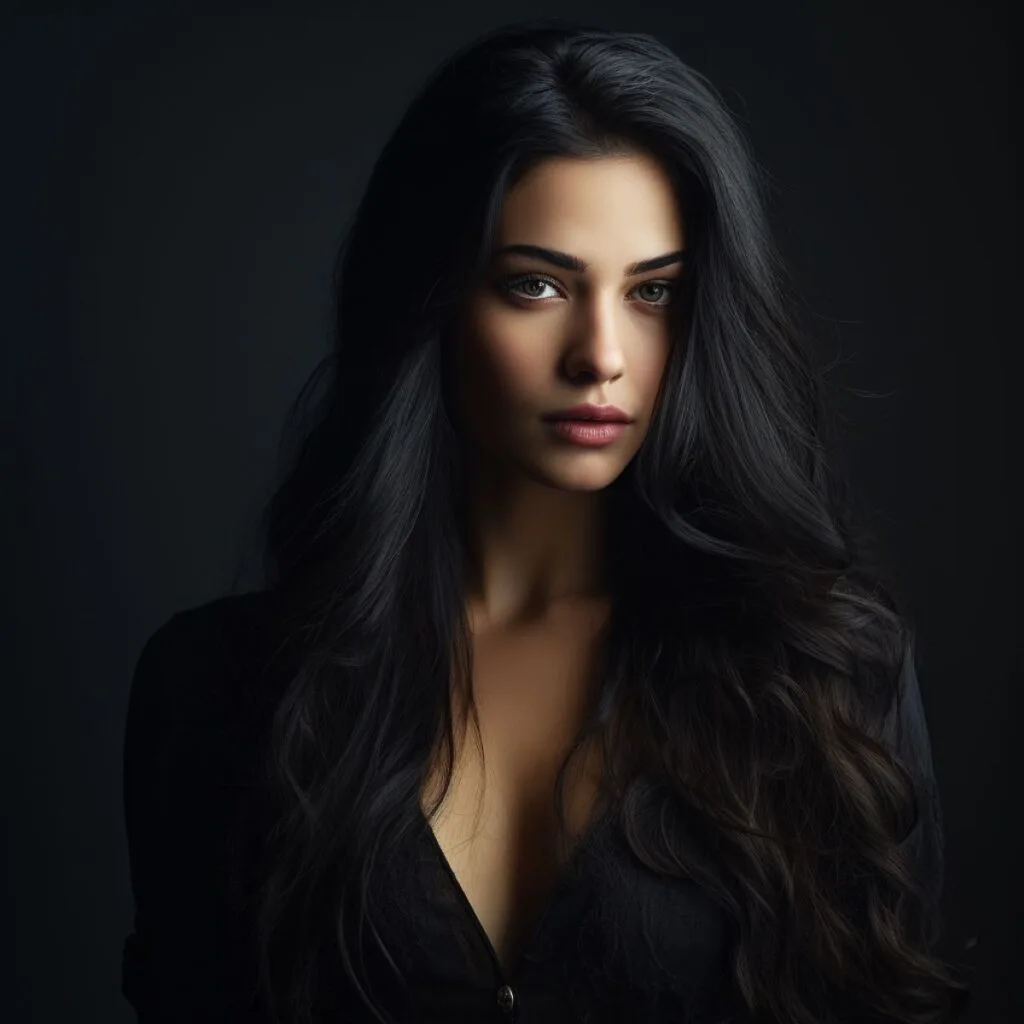 Beautiful woman with black long hair looking jealous