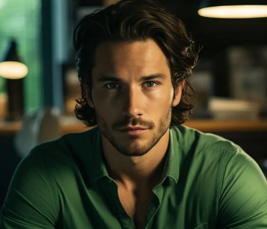 male coworker with dark hair and green eyes in an office