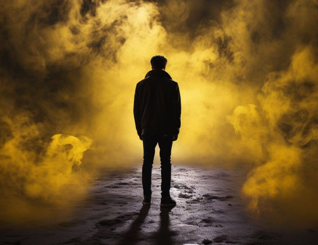 Man walking away in the dark surrounded by yellow smoke