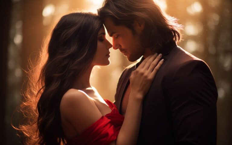 beautiful woman with long dark hair and a red dress caressing a handsome guy with long brown hair and a grey suit