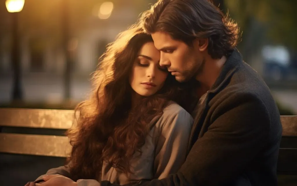 beautiful woman with long dark hair sitting on a bench with her best friend, she has her head on his shoulder and he hugs her