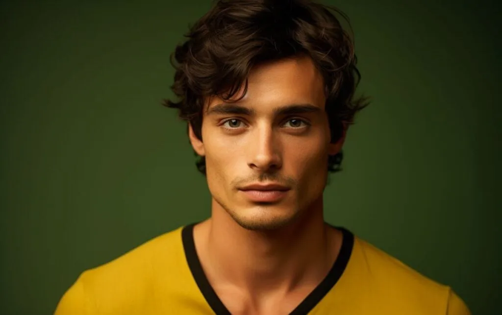handsome guy with brown hair, wearing a yellow sweater, on a green background