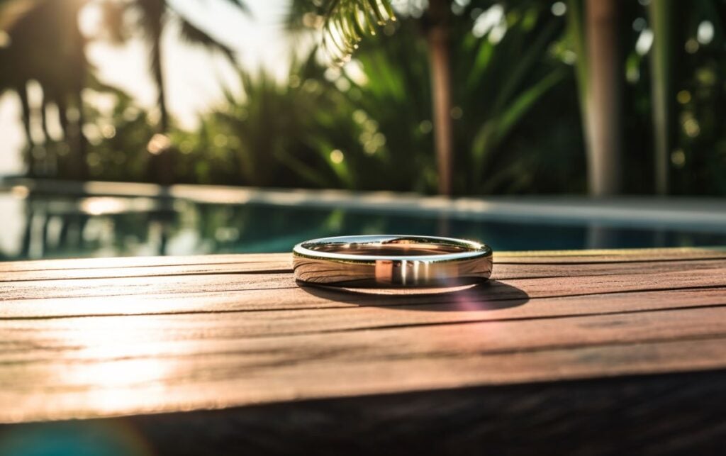 wedding rng on a wooden table, pool and palm trees in the background