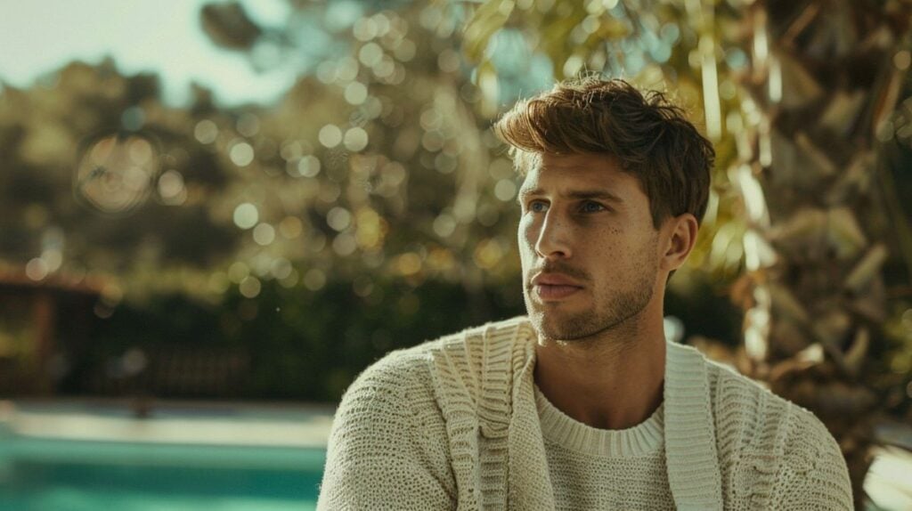 handsome guy with green eyes, wearing a white sweater, pool in the background, sunny day