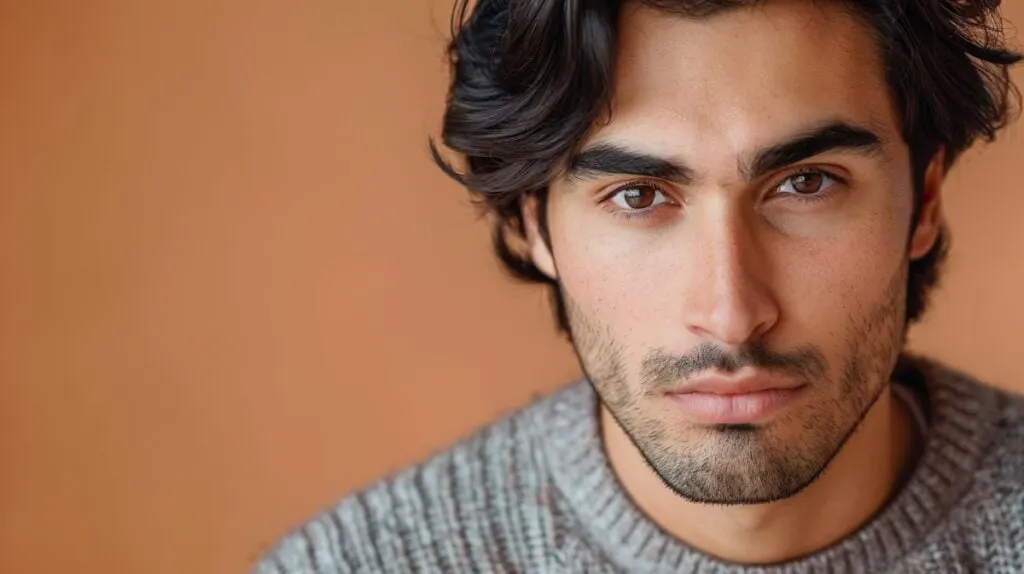 guy with dark hair and brown eyes making eye contact, he wears a grey sweater, light orange/brown background, cinematic