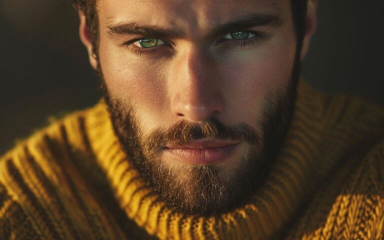 guy with light green eyes and beard making eye contact