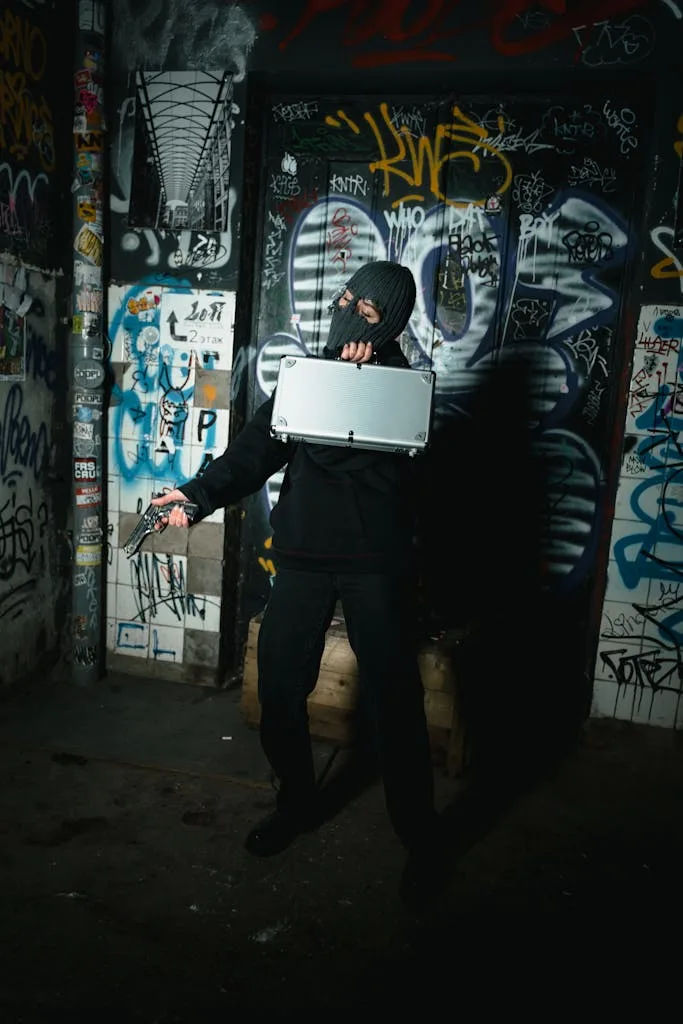 Person in disguise holding briefcase and gun against a graffiti-covered wall.
