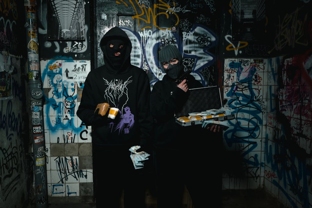 Two masked individuals with money in a graffiti-covered room, suggesting themes of crime and anonymity.