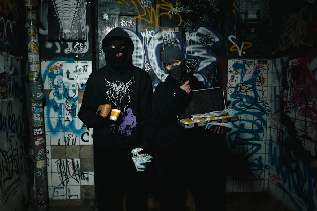 Two masked individuals with money in a graffiti-covered room, suggesting themes of crime and anonymity.