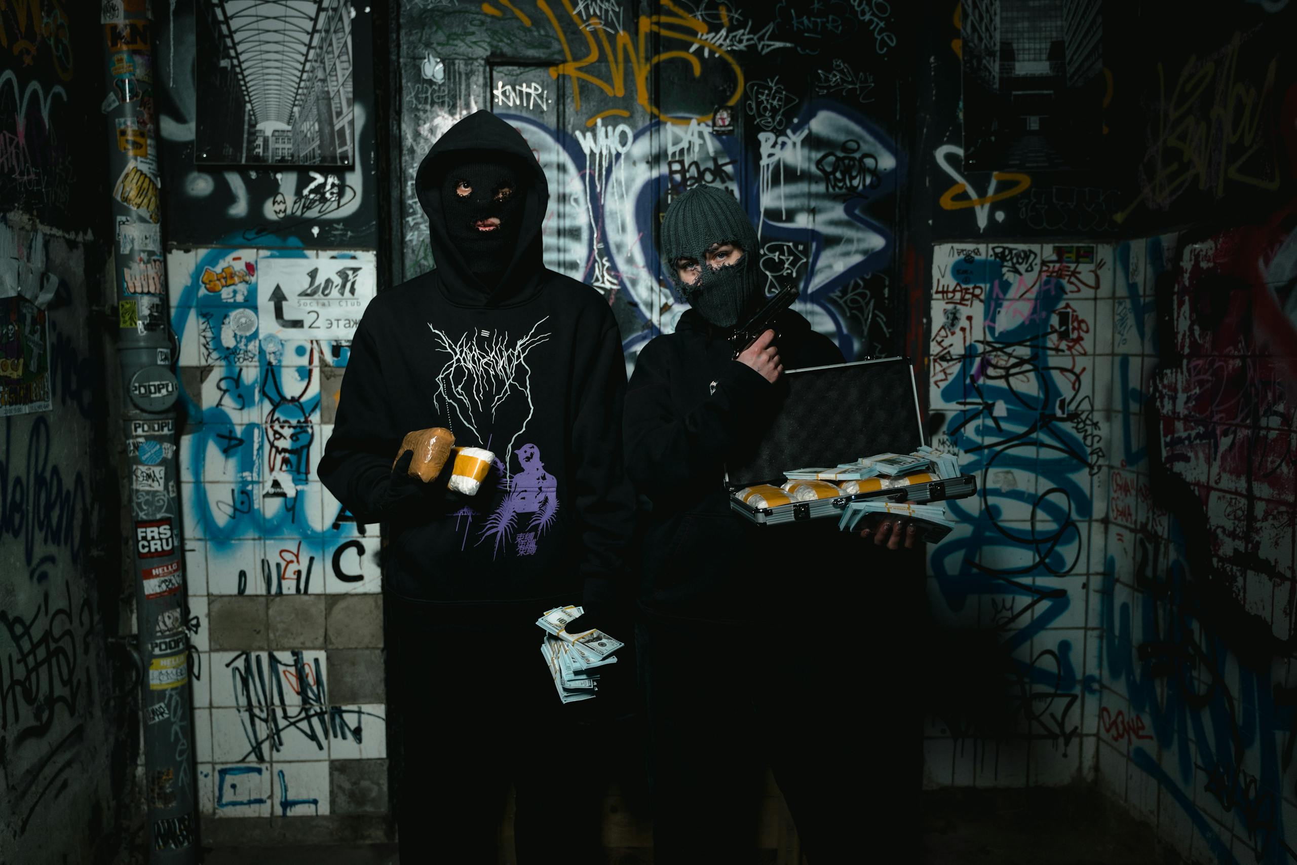 Two masked individuals with money in a graffiti-covered room, suggesting themes of crime and anonymity.