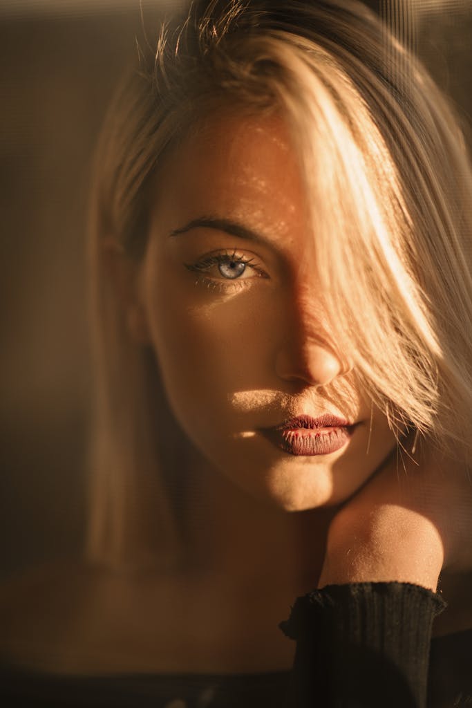 Captivating portrait of a blonde woman bathed in warm golden hour light.