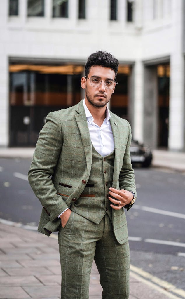 Elegant businessman in a green suit posing confidently on a city street with an urban background.