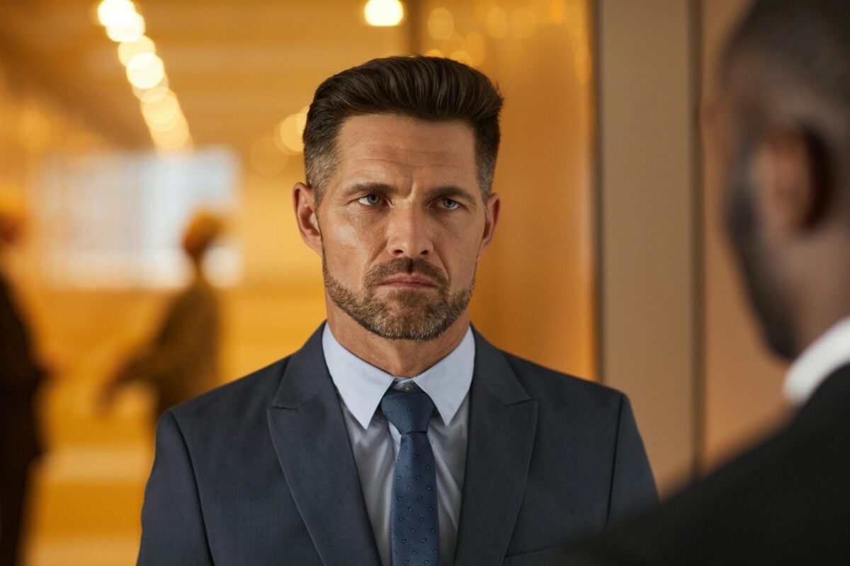 Close-up of a serious businessman in a suit with a blurred background.