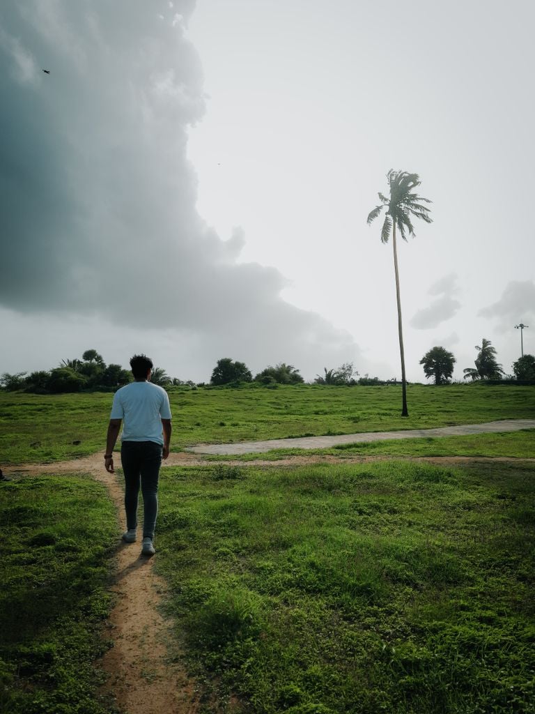 A man walks on a lush, green path beneath a dramatic cloudy sky, embodying solitude.